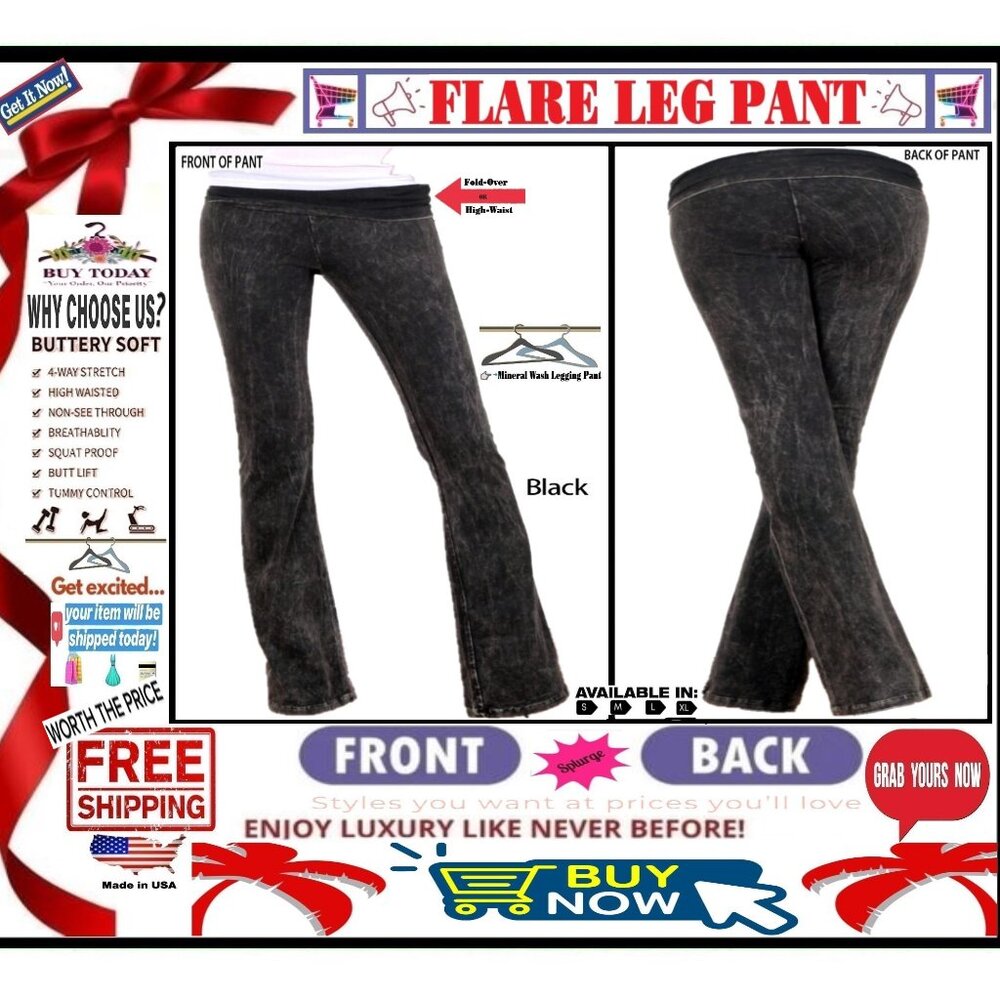🛑 BOTTOM Fold Over FLARE LEG ➕ LEGGING 🆒 PANT High Waist Mineral Wash BUY NOW❗